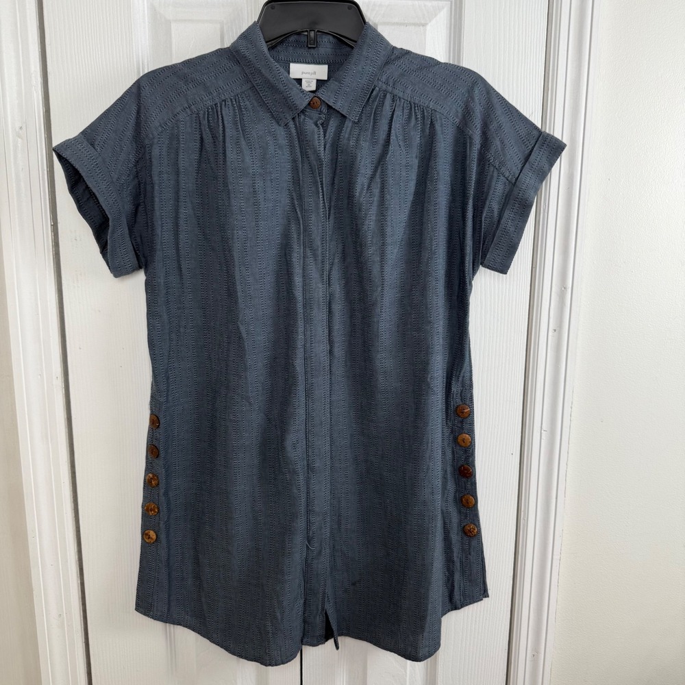 Pure Jill J Jill XS Petite Blue Tunic Top Cotton Button Detail Boho Coastal